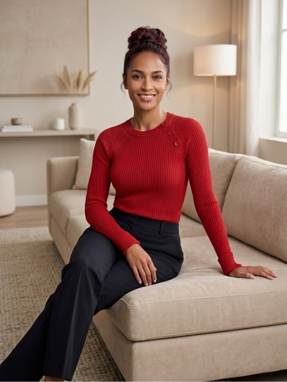 LOFT Red Ribbed Button-Shoulder Knit Top